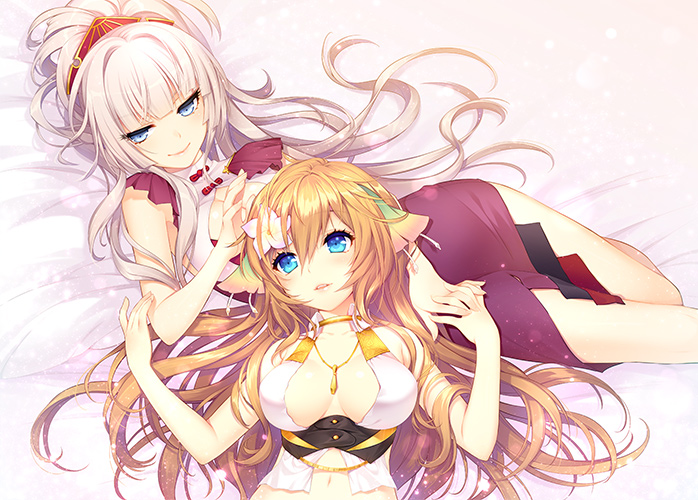 2girls, :>, blue_eyes, breasts, breasts_apart, brown_hair, ciel_nosurge, closed_mouth, dress, flower, hair_between_eyes, hair_flower, hair_ornament, holding_hands, ionasal_kkll_preciel, kanoyeel_kkll_preciel, long_hair, lying, multiple_girls, on_back, parted_lips, purple_dress, shirahane_nao, smile, surge_concerto, tareme, tsurime, very_long_hair, white_hair