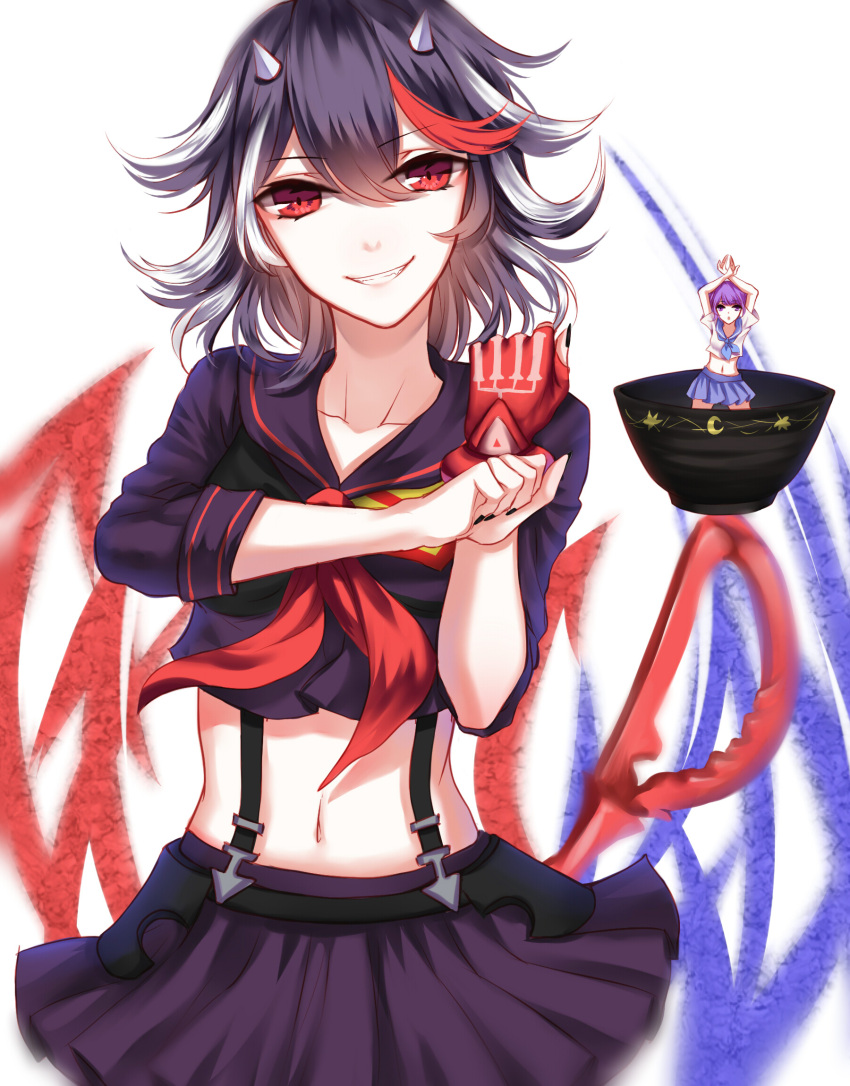 2girls, alternate_costume, arms_up, black_hair, black_nails, black_serafuku, black_skirt, blue_skirt