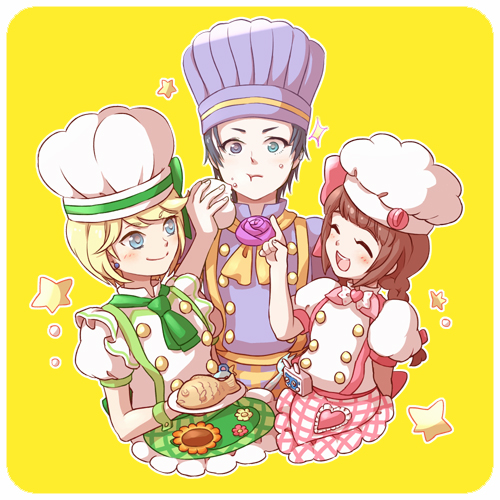 1boy, 2girls, apron, baozi, blonde_hair, blue_eyes, blush, bow