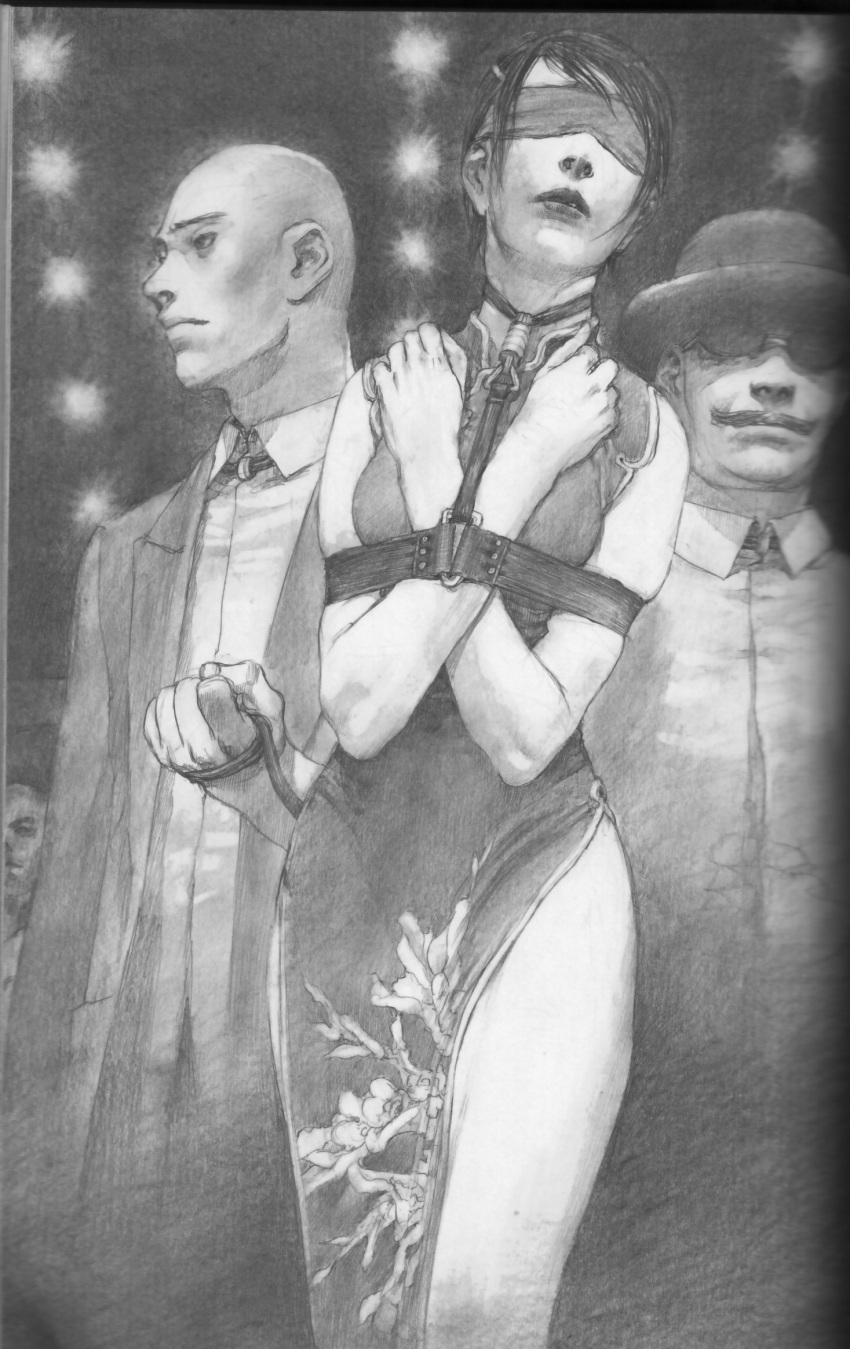 bald, bdsm, chinadress, hat, hiroaki_samura, leash, monochrome, mustache, pencil, realistic, sunglasses