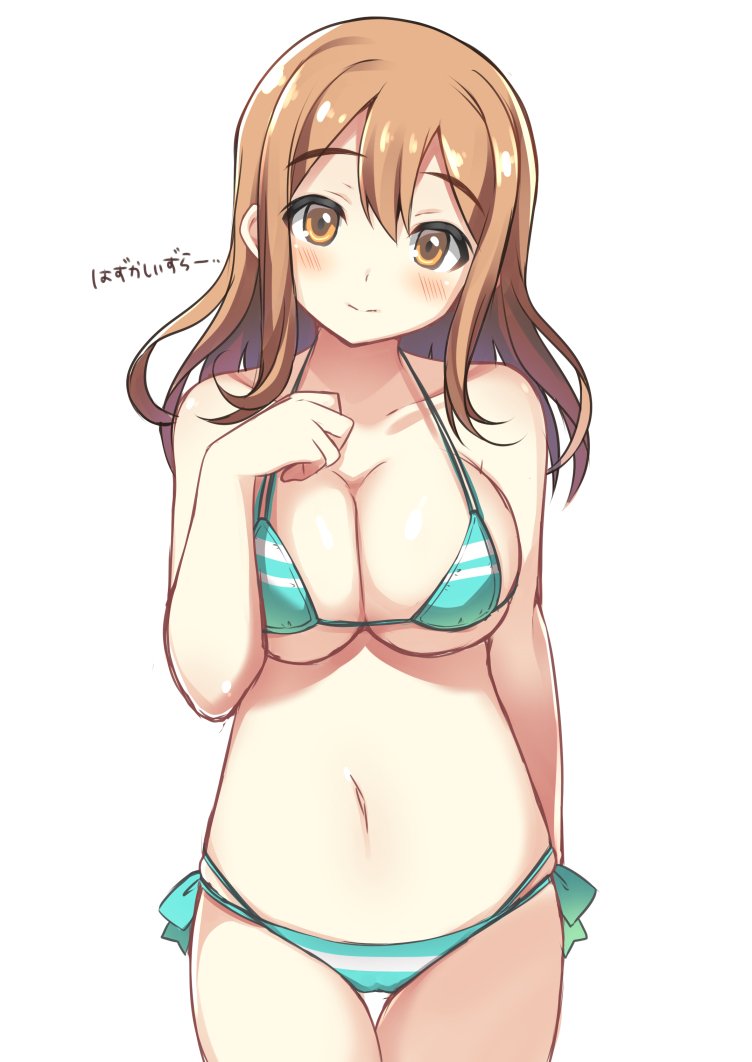 1girl, aqua_bikini, bikini, blush, breasts, brown_eyes, brown_hair, character_request