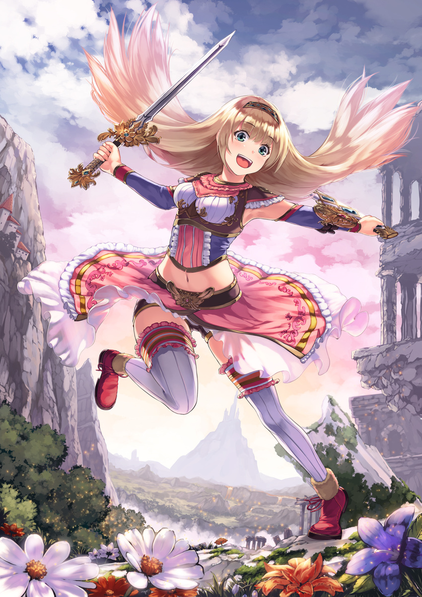 1girl, :d, arm_warmers, blonde_hair, building, clouds, dual_wielding, flower