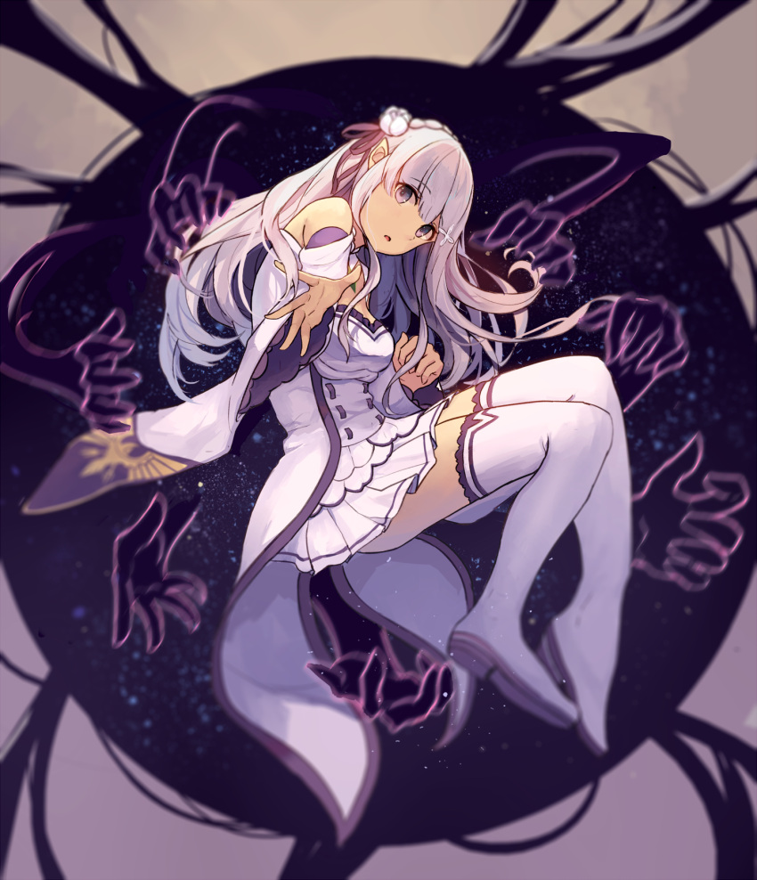 1girl, bangs, braid, breasts, d:, detached_sleeves, elf, emilia_(re:zero)