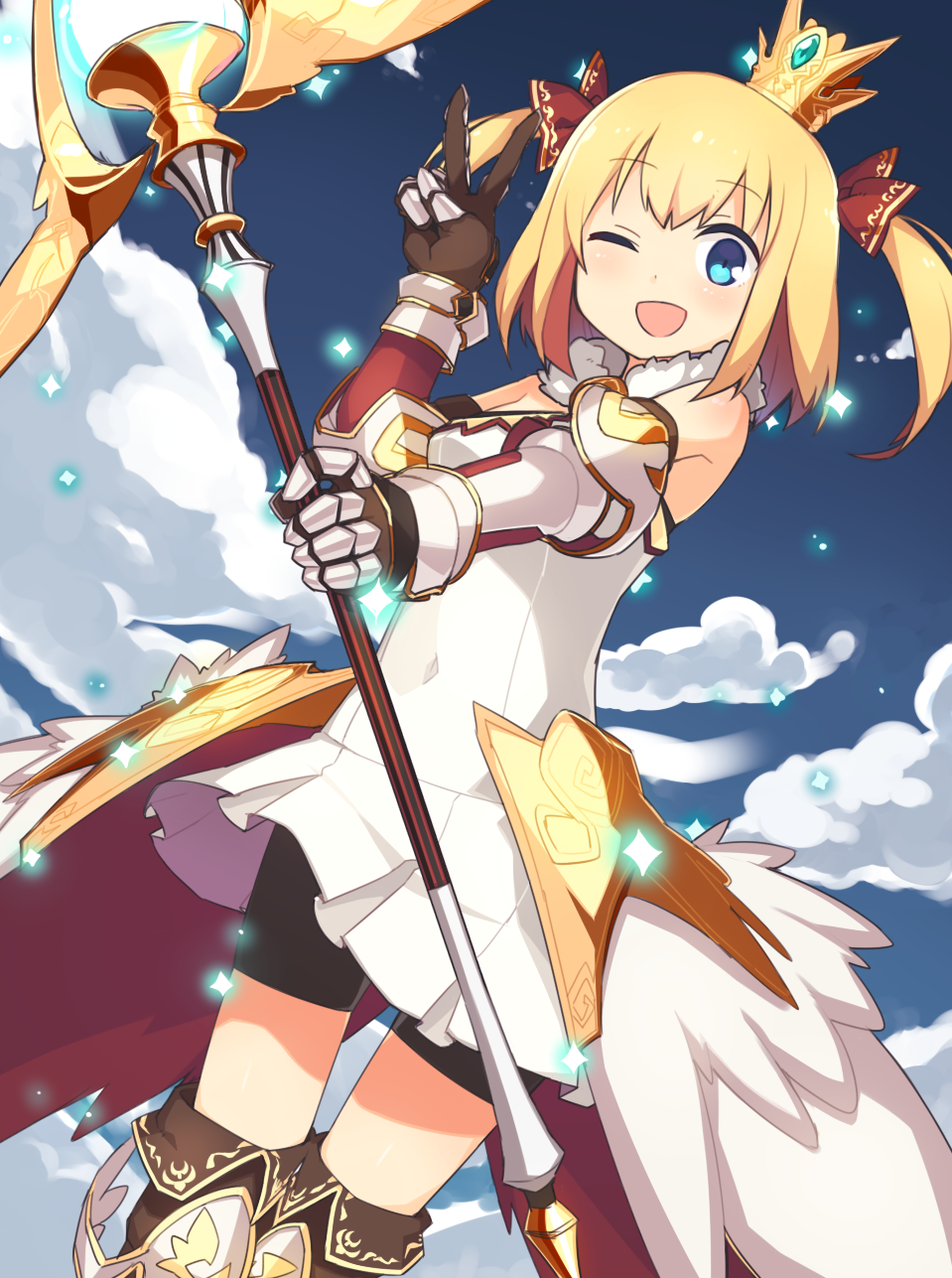 1girl, bare_shoulders, blonde_hair, blue_eyes, covered_navel, crown, elbow_gauntlets, gauntlets