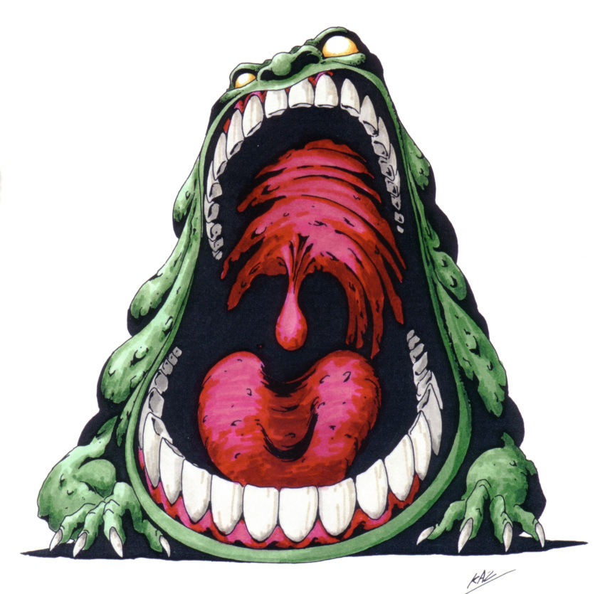 abaddon_(shin_megami_tensei), artist_name, claws, green_skin, highres, kazuma_kaneko, nose, official_art, oldschool, open_mouth, shin_megami_tensei, teeth, uvula, yellow_eyes