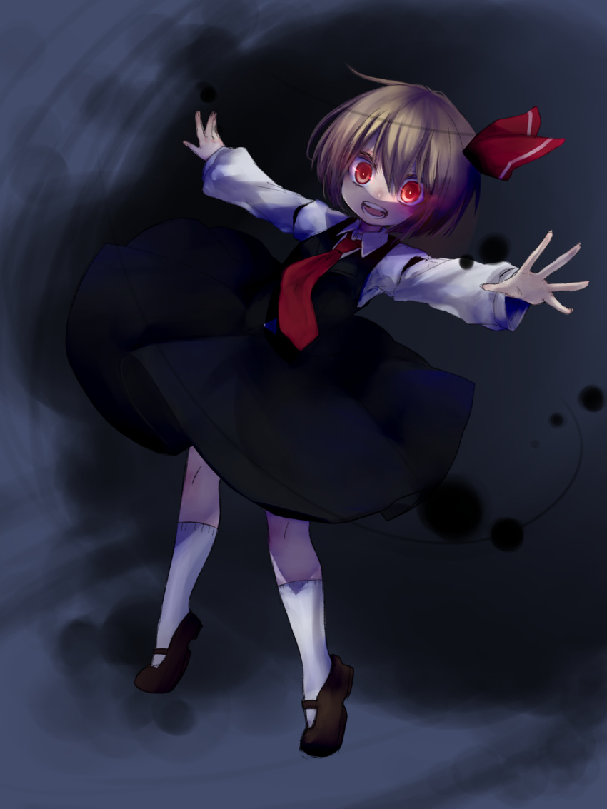 1girl, :d, black_skirt, blonde_hair, darkness, full_body, hair_ribbon, highres