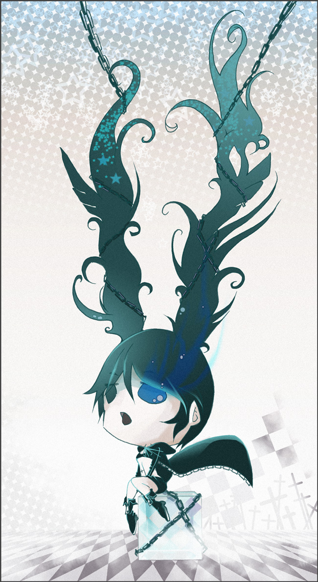 black_hair, black_rock_shooter, black_rock_shooter_(character), blue_eyes, boots, bridget00747, chain, chains