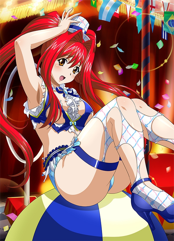 1girl, ball, blue_panties, breasts, brown_eyes, flag, hat, ikkitousen