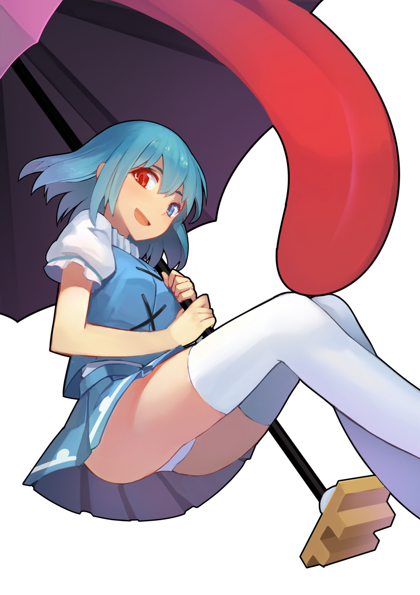 1girl, absurdres, aqua_eyes, aqua_hair, ass, fps, from_below, heterochromia, highres, karakasa_obake, looking_at_viewer, open_mouth, panties, pantyshot, puffy_sleeves, red_eyes, shirt, short_hair, short_sleeves, simple_background, skirt, skirt_set, smile, solo, tatara_kogasa, thigh-highs, tongue, touhou, umbrella, underwear, vest, white_background, white_legwear, white_panties