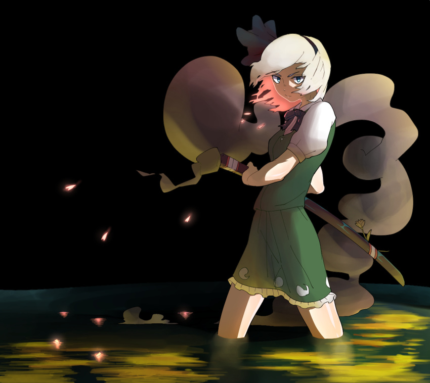 1girl, black_background, hairband, hitodama, katana, konpaku_youmu, konpaku_youmu_(ghost), long_sleeves