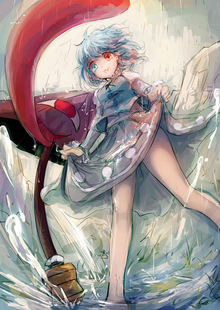 1girl, :p, blue_eyes, blue_hair, blue_skirt, heterochromia, karakasa_obake, long_tongue