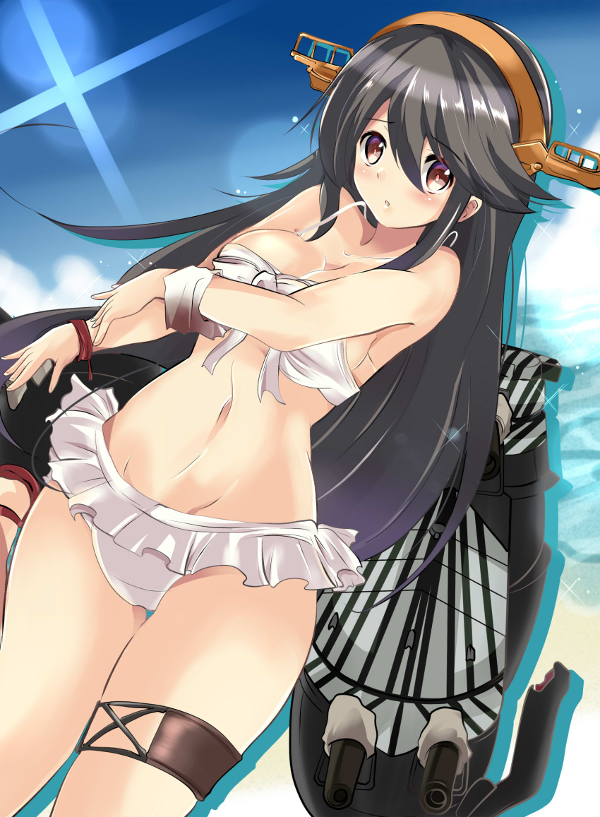 1girl, alternate_costume, bikini, black_hair, brown_eyes, burnt_clothes, cannon, damaged