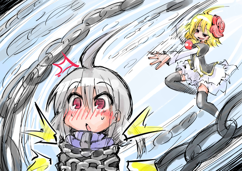 2girls, absurdres, ahoge, black_legwear, blonde_hair, blush, chain, flower