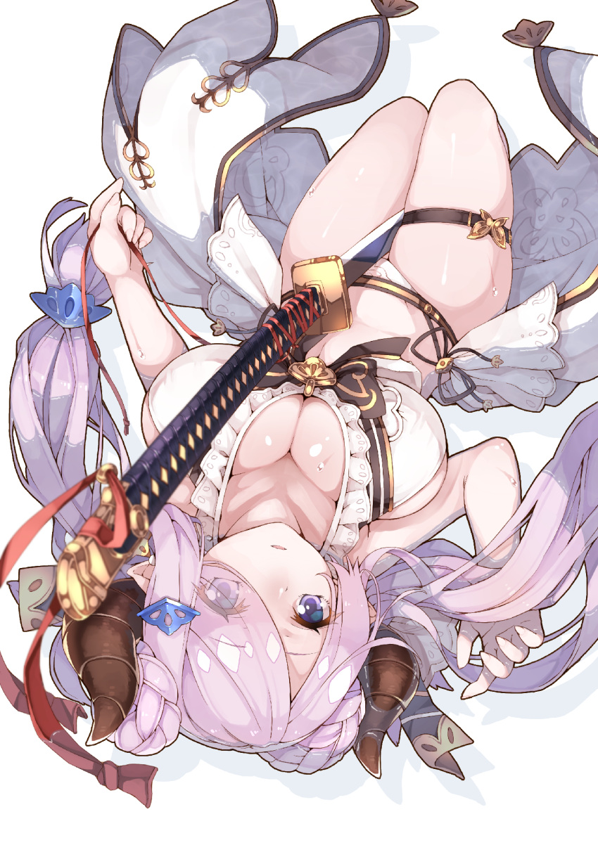 1girl, between_legs, blue_eyes, breasts, cleavage, doraf, eyes_visible_through_hair, granblue_fantasy