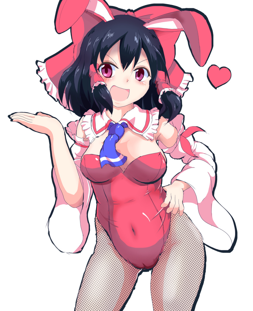 1girl, black_hair, blush, bow, breasts, bunnysuit, cleavage, detached_sleeves