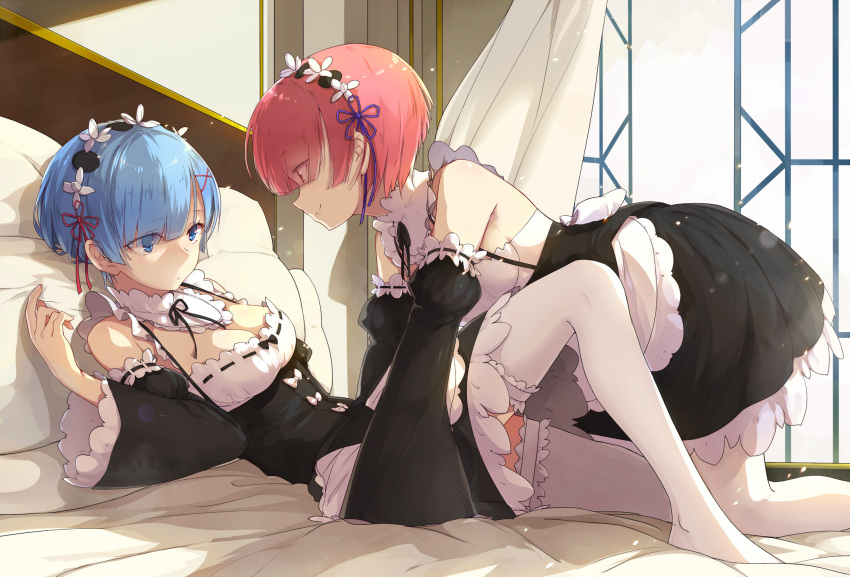 2girls, bangs, blue_eyes, blue_hair, blunt_bangs, breasts, cleavage, curtains