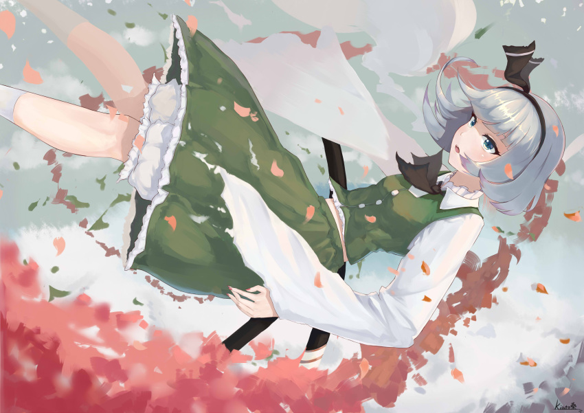 1girl, absurdres, artist_name, ascot, bloomers, blue_eyes, breasts, cherry_blossoms