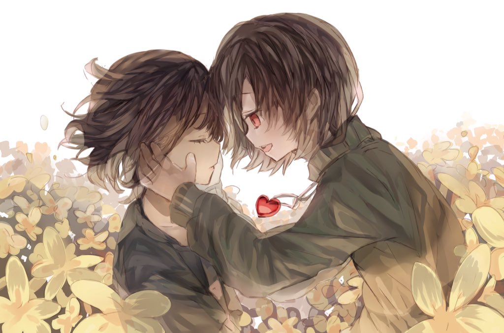 androgynous, brown_hair, chara_(undertale), closed_eyes, field, flower, flower_field, frisk_(undertale), hands_on_another's_face, heart, heart_necklace, open_mouth, opopowa, red_eyes, shirt, spoilers, striped, striped_shirt, striped_sweater, sweater, undertale, upper_body, white_background