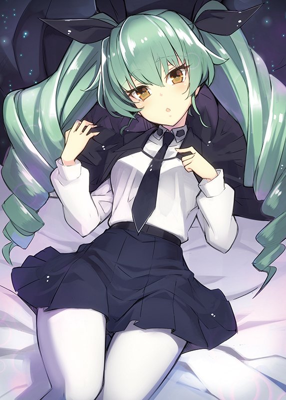 1girl, anchovy, aqua_hair, belt, black_ribbon, brown_eyes, cape, girls_und_panzer, hair_ribbon, long_hair, looking_at_viewer, lying, minono_aki, necktie, on_back, pantyhose, parted_lips, ribbon, skirt, solo, twintails, white_legwear