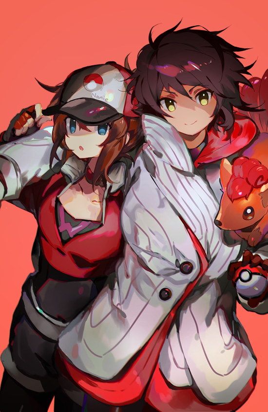 2girls, arm_around_shoulder, artist_name, baseball_cap, belt, blue_eyes, bodysuit, brown_hair, candela_(pokemon), cowboy_shot, dark_skin, female_protagonist_(pokemon_go), fingerless_gloves, gloves, hat, holding, holding_poke_ball, jacket, multiple_girls, namie-kun, open_mouth, poke_ball, pokemon, pokemon_go, red_background, red_gloves, short_hair, shorts, simple_background, smile, team_valor, vulpix, yellow_eyes