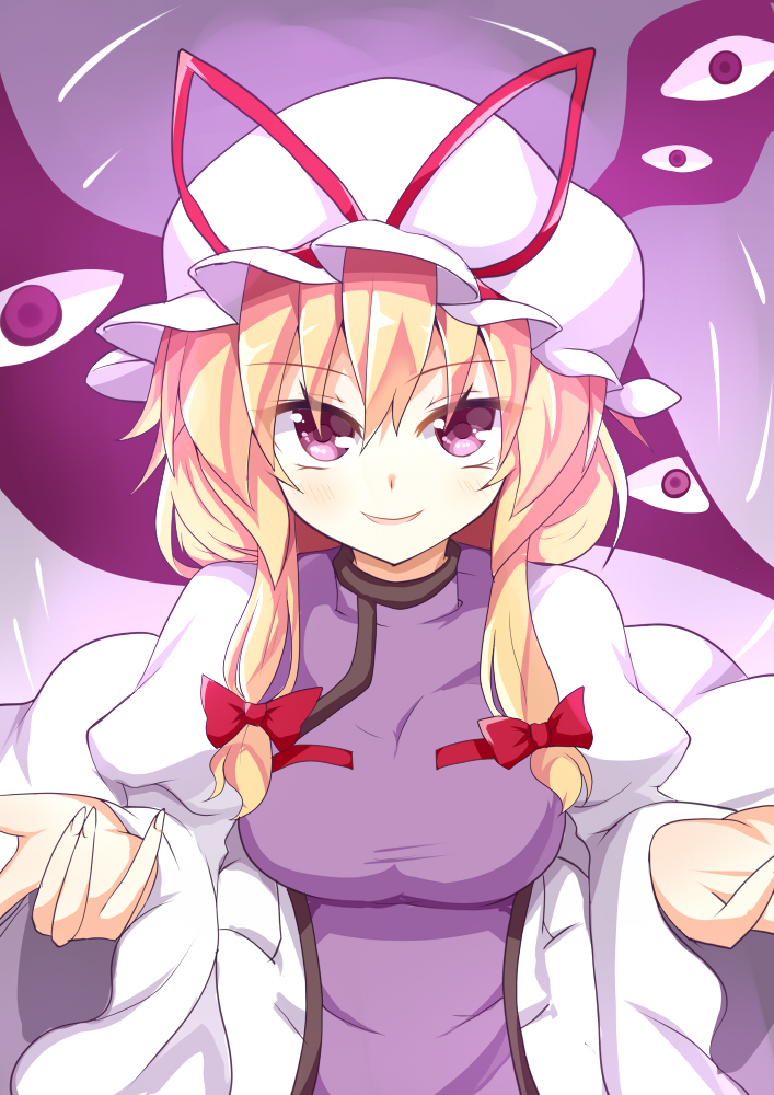 aki_chimaki, blonde_hair, eyes, fingernails, gap, looking_at_viewer, touhou, violet_eyes