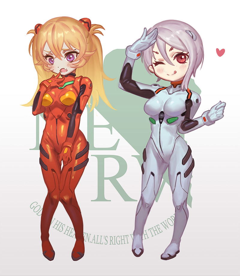 2girls, 676264220, ayanami_rei_(cosplay), blonde_hair, breasts, embarrassed, heart, long_hair, multiple_girls, nakiri_alice, nakiri_erina, neon_genesis_evangelion, nerv, one_eye_closed, plugsuit, red_eyes, shokugeki_no_souma, short_hair, souryuu_asuka_langley_(cosplay), tongue, tongue_out, two_side_up, violet_eyes, white_hair