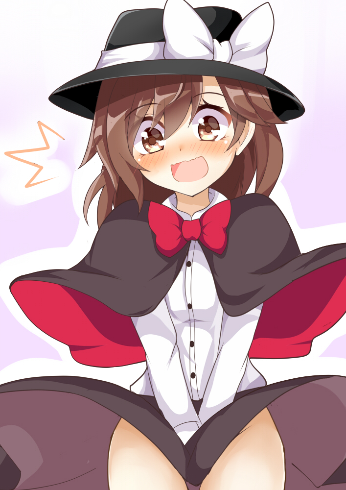 1girl, aki_chimaki, bangs, between_legs, blush, bow, breasts, brown_eyes