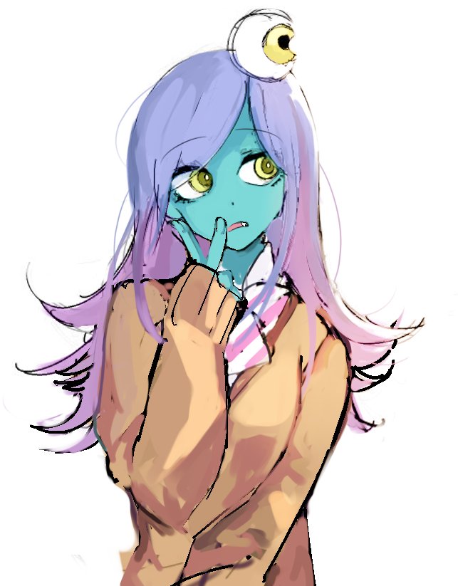 1girl, 9_2fc, alternate_hair_length, alternate_hairstyle, cardigan, eyeball, fang, gradient_hair