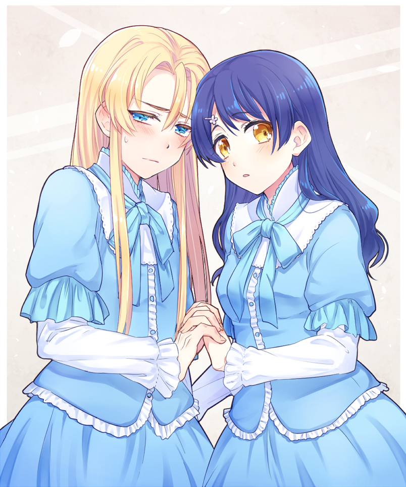 1boy, 1girl, alternate_hair_length, alternate_hairstyle, blonde_hair, blue_dress, blue_eyes, blue_hair