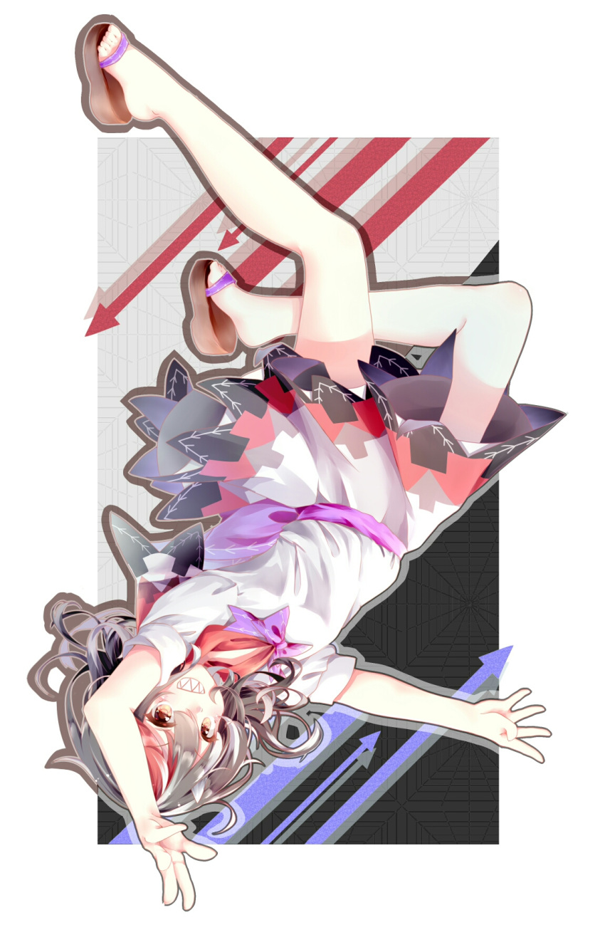 >:d, 1girl, :d, black_hair, directional_arrow, dress, highres, horns