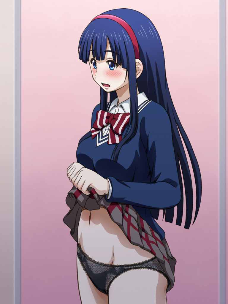 1girl, asuka_mikoto, awa, bangs, black_panties, blue_eyes, blue_hair, blunt_bangs