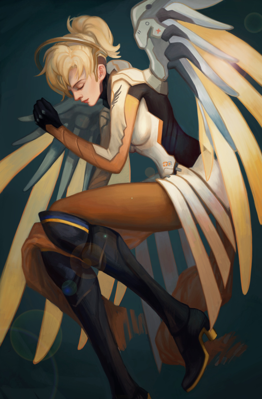 1girl, absurdres, black_boots, bodysuit, boots, brown_legwear, closed_eyes, high_ponytail