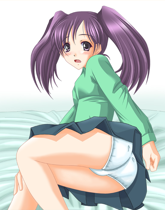 bed, blouse, blue_panties, blush, kido_shuuko, long_sleeves, lying, miniskirt