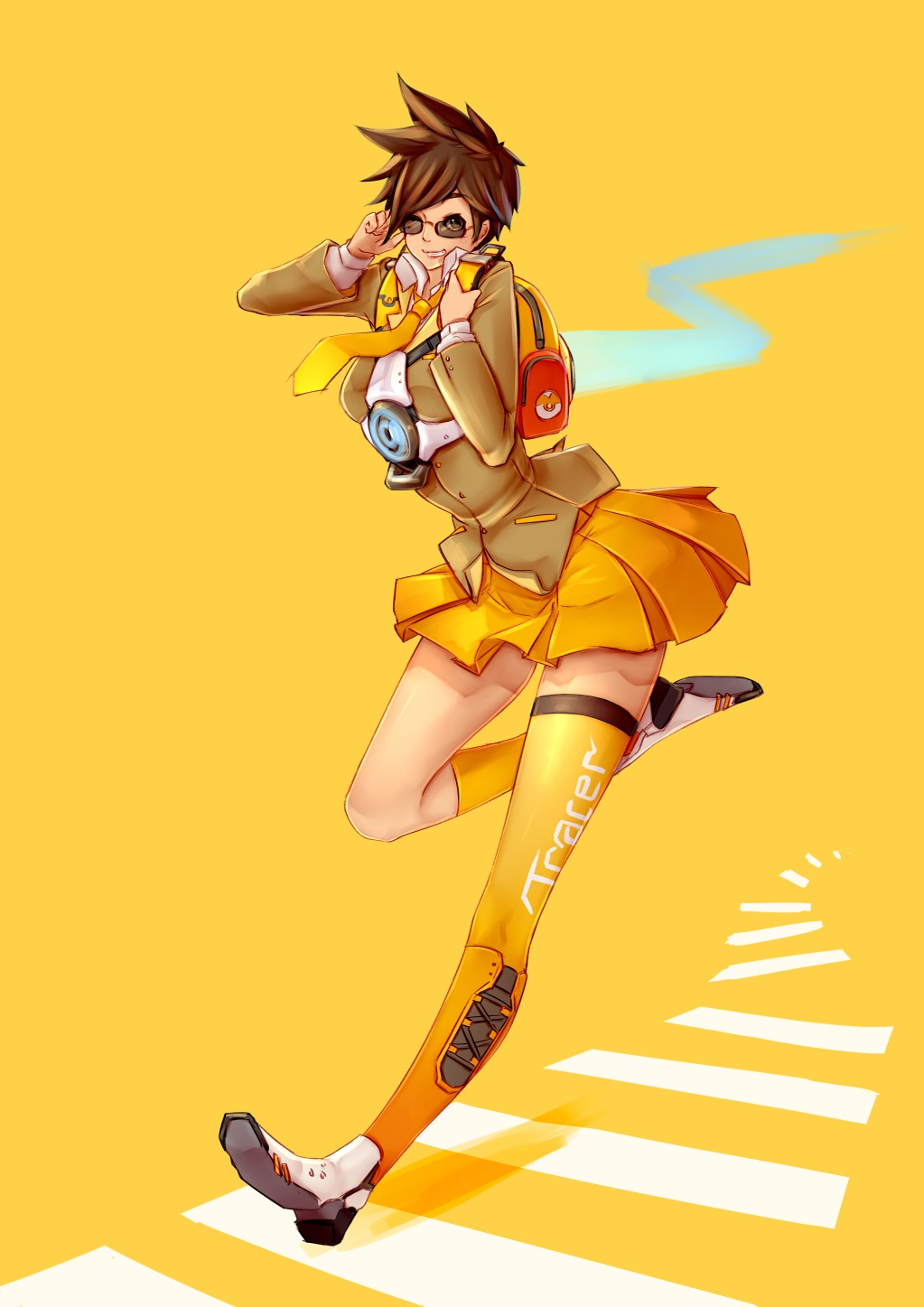 1girl, ;d, adapted_costume, asymmetrical_legwear, bag, bangs, brown_eyes, brown_hair