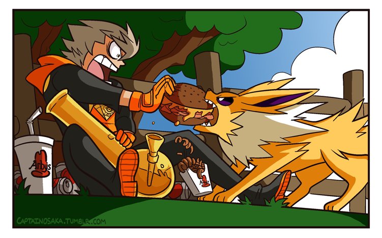1boy, angry, arby's, black_border, bong, border, brown_hair, captainosaka, curly_fries, eating, food, french_fries, gloves, grass, hood, hoodie, jacket, jewelry, jolteon, looking_at_another, male_focus, millennium_puzzle, necklace, open_clothes, open_jacket, open_mouth, orange_gloves, pokemon, pokemon_(creature), pokemon_go, sandwich, sharp_teeth, sitting, spark_(pokemon), teeth, tree, tumblr_username, watermark, yuu-gi-ou