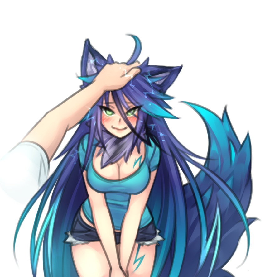 1girl, ahoge, alternate_costume, animal_ears, blue_hair, blue_shirt, blush, breasts, cleavage, contemporary, cowboy_shot, cutoffs, denim, denim_shorts, electricity, gradient_hair, green_eyes, highres, large_breasts, lightning_bolt, long_hair, looking_at_viewer, monorus, monster_girl, monster_girl_encyclopedia, multicolored_hair, petting, purple_hair, raijuu_(monster_girl_encyclopedia), shirt, short_shorts, shorts, simple_background, smile, solo_focus, t-shirt, tail, tattoo, two-tone_hair, v_arms, very_long_hair, white_background