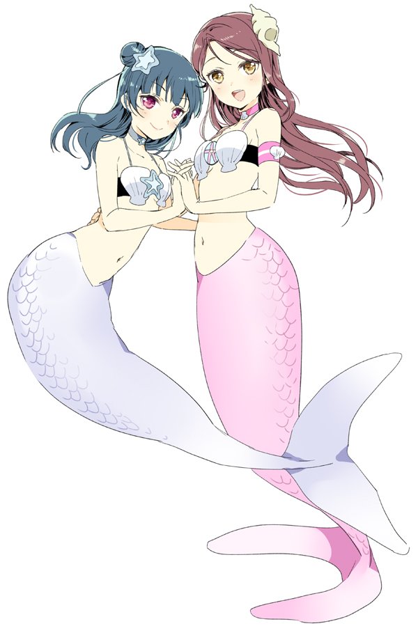 2girls, :d, aqua_hair, armband, auburn_hair, choker, commentary_request, hair_bun, hair_ornament, hand_on_another's_hip, holding_hands, long_hair, love_live!, love_live!_sunshine!!, mermaid, monster_girl, multiple_girls, nakayama_miyuki, navel, open_mouth, sakurauchi_riko, shell, shell_bikini, shell_hair_ornament, simple_background, smile, starfish, starfish_hair_ornament, tsushima_yoshiko, white_background