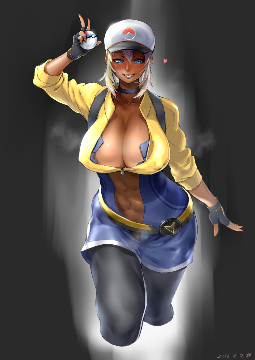 1girl, absurdres, blonde_hair, blue_eyes, breasts, choker, cleavage, dark_skin