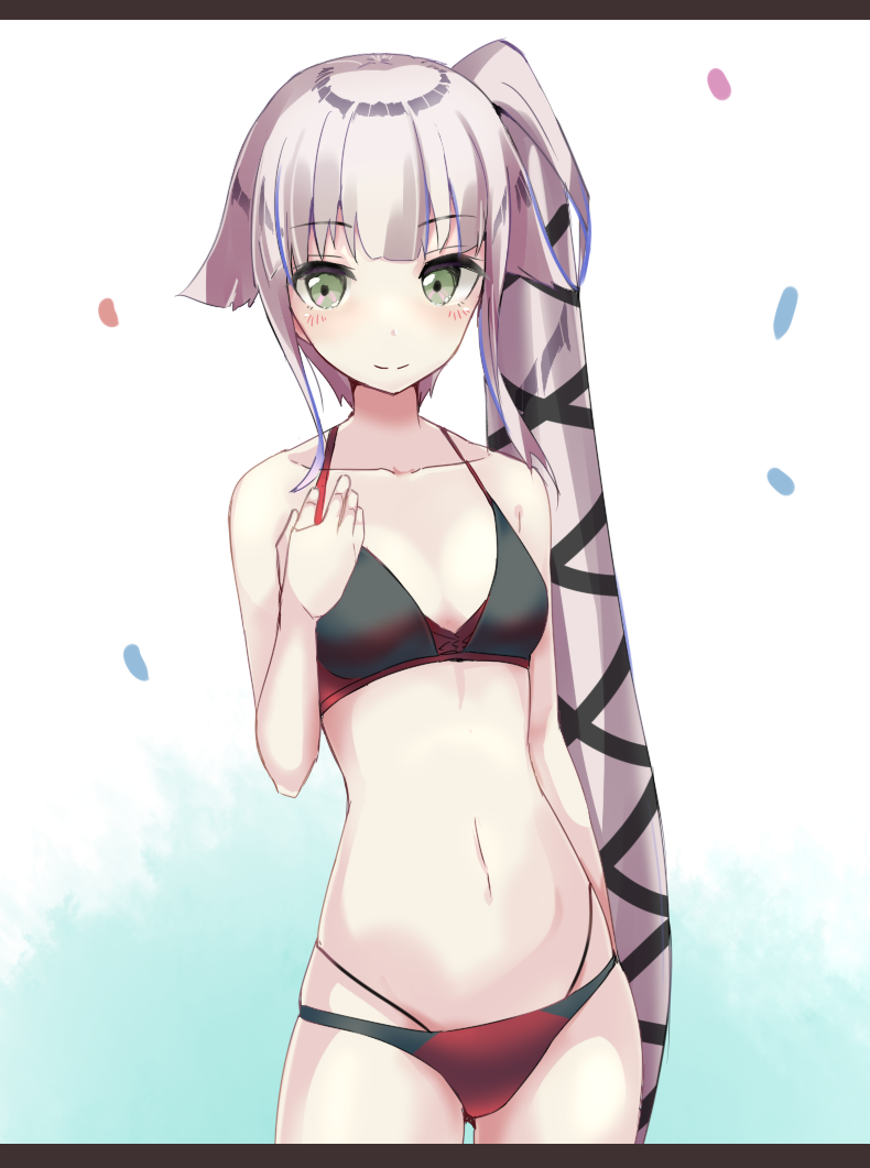 1girl, alternate_costume, arm_behind_back, ass, ass_visible_through_thighs, bare_shoulders, bikini, black_bikini