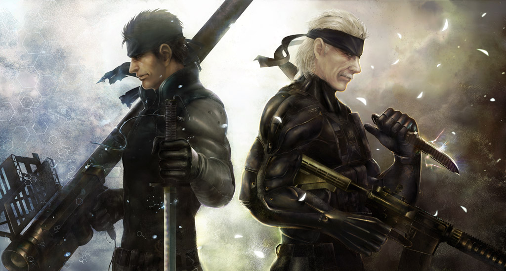bodysuit, cqc, dual_persona, fim-92_stinger, gun, headband, hexagon, knife, konami, m4_carbine, male, metal_gear_solid, metal_gear_solid_2, metal_gear_solid_4, old_snake, petals, reverse_grip, rifle, rocket_launcher, solid_snake, sword, time_paradox, tomoe_(casterm), trigger_discipline, weapon