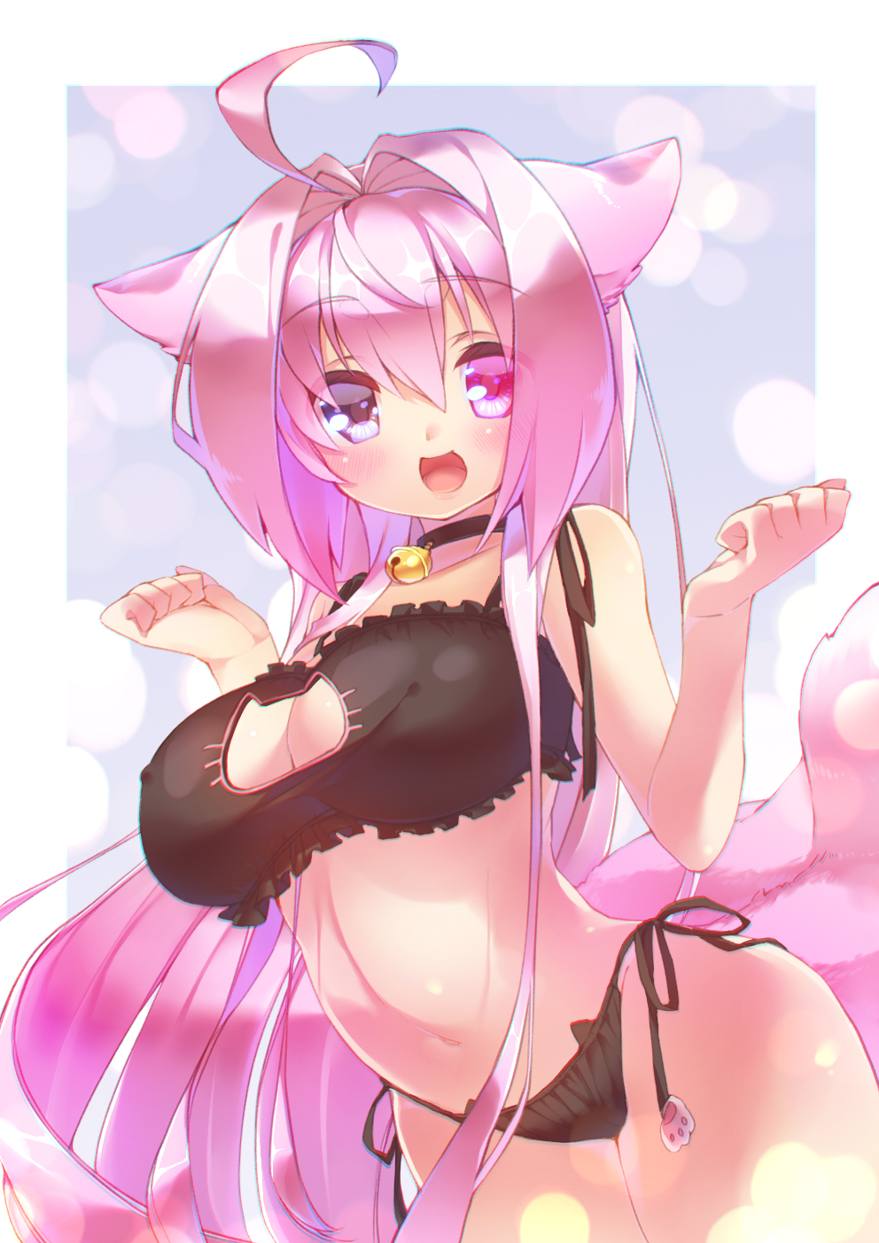 1girl, :d, ahoge, animal_ears, bell, bell_collar, black_bra, black_panties, blush, bra, breasts, cat_cutout, cat_ear_panties, cat_ears, cat_lingerie, collar, covered_nipples, cowboy_shot, eyebrows, eyebrows_visible_through_hair, hair_intakes, heterochromia, highres, jingle_bell, long_hair, looking_at_viewer, navel, open_mouth, original, panties, pink_eyes, pink_hair, shaneru, side-tie_panties, smile, solo, tail, underwear, very_long_hair, violet_eyes