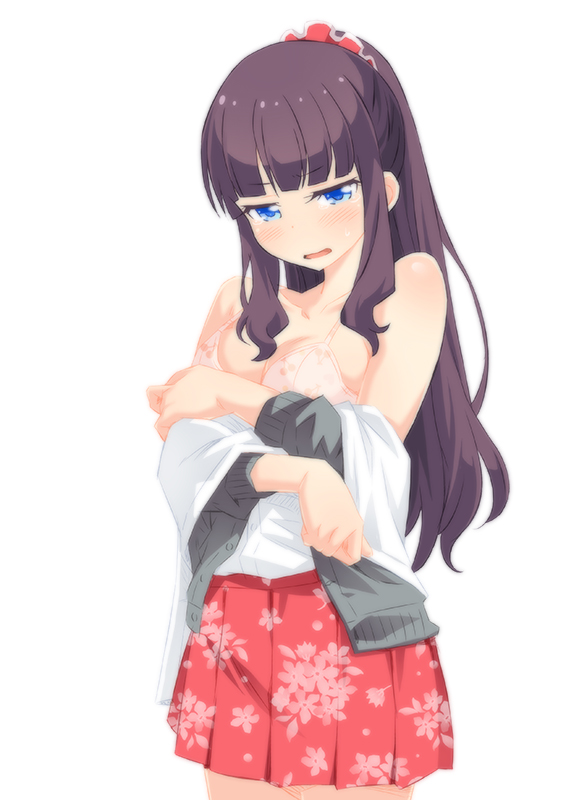 1girl, akage, bare_shoulders, blue_eyes, blush, bra, brown_hair, cherry_print, floral_print, fruit_print, long_hair, looking_at_viewer, new_game!, open_mouth, pink_bra, ponytail, scrunchie, solo, takimoto_hifumi, underwear, undressing
