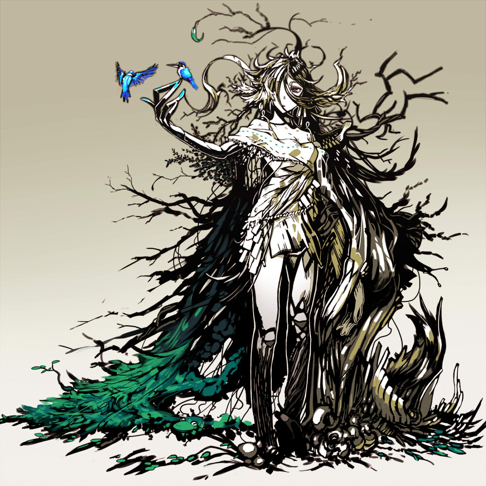 animal, bird, bird_on_hand, brown_eyes, dryad, kawazu, original, plant_girl