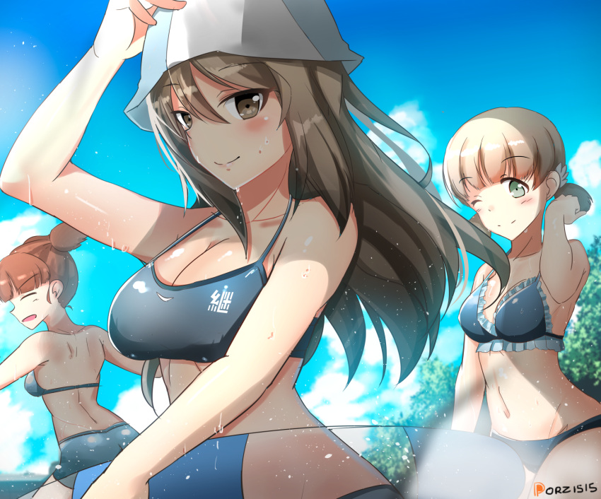 3girls, aki_(girls_und_panzer), bikini, blush, breasts, brown_eyes, brown_hair, cleavage