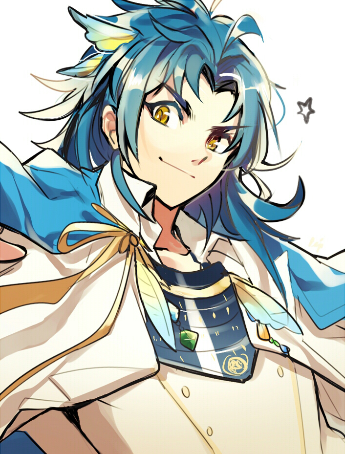 1boy, blue_hair, close-up, feathers, kaemonn, long_hair, looking_at_viewer, male_focus