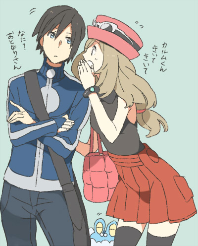 1boy, 1girl, bag, black_hair, blue_background, calme_(pokemon), closed_eyes, crossed_arms