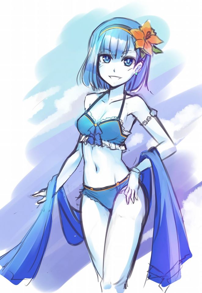 1girl, bikini, blue_eyes, blue_hair, blue_skin, chain, earrings, female