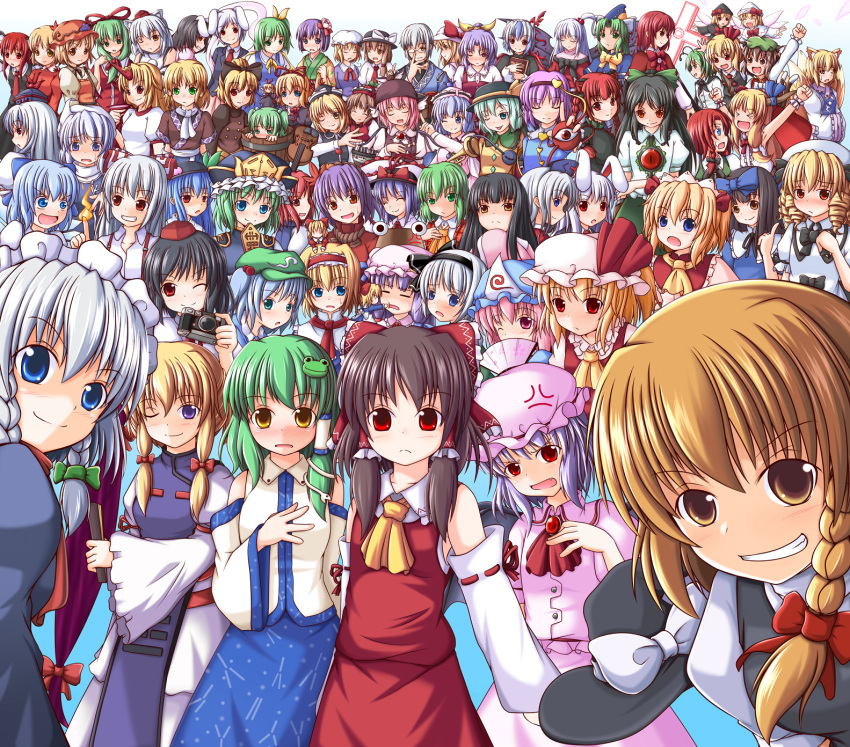 aki_minoriko, aki_shizuha, alice_margatroid, bad_id, camera, chen, cirno, daiyousei, everyone, flandre_scarlet, foferozze, fujiwara_no_mokou, hakurei_reimu, hat, hieda_no_akyuu, highres, hinanawi_tenshi, hong_meiling, horn, hoshiguma_yuugi, hourai_doll, houraisan_kaguya, ibuki_suika, inaba_tewi, inubashiri_momiji, izayoi_sakuya, kaenbyou_rin, kagiyama_hina, kamishirasawa_keine, kawashiro_nitori, kazami_yuuka, kirisame_marisa, kisume, koakuma, kochiya_sanae, komeiji_koishi, komeiji_satori, konpaku_youmu, kurodani_yamame, letty_whiterock, lily_white, luna_child, lunasa_prismriver, lyrica_prismriver, maribel_han, maribel_hearn, medicine_melancholy, merlin_prismriver, mima, mizuhashi_parsee, morichika_rinnosuke, moriya_suwako, multiple_girls, mystia_lorelei, nagae_iku, okazaki_yumemi, onozuka_komachi, patchouli_knowledge, reisen, reisen_udongein_inaba, reiuji_utsuho, remilia_scarlet, rumia, saigyouji_yuyuko, shameimaru_aya, shanghai_doll, shikieiki_yamaxanadu, shinki, star, star_sapphire, su-san, sunny_milk, tokiko_(touhou), touhou, touhou_(pc-98), usami_renko, watatsuki_no_toyohime, watatsuki_no_yorihime, wriggle_nightbug, yagokoro_eirin, yakumo_ran, yakumo_yukari, yasaka_kanako