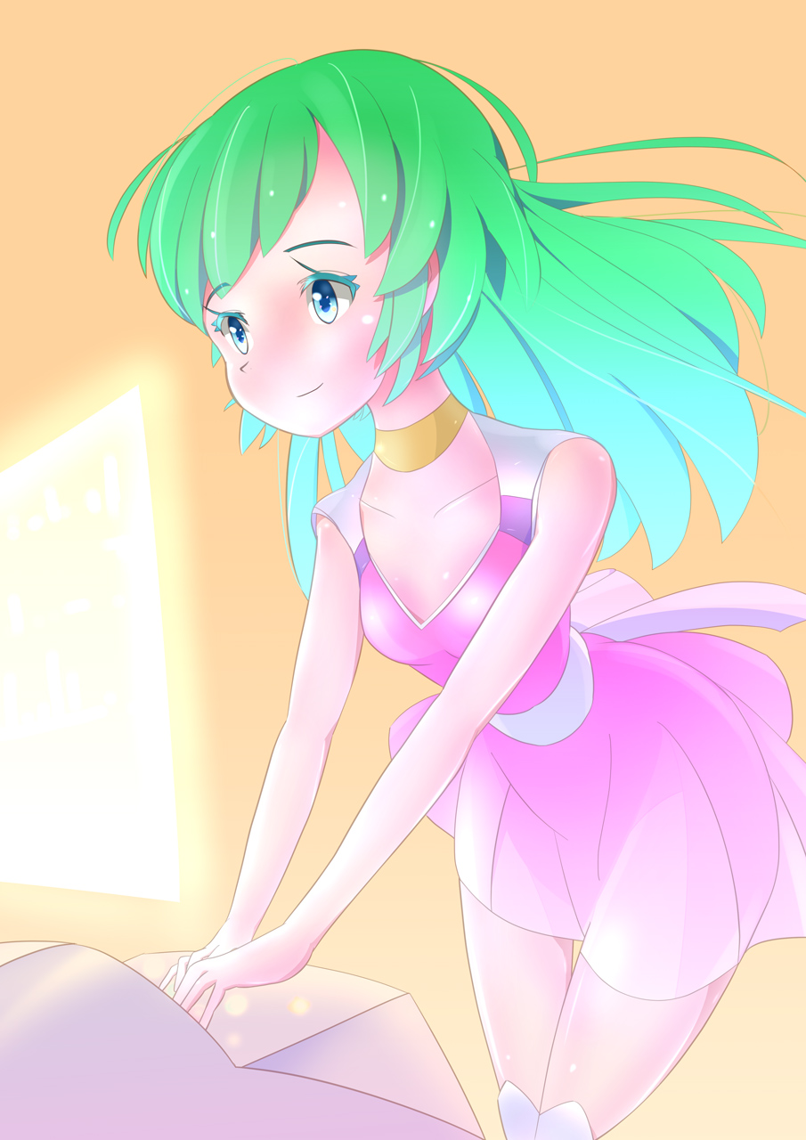 1girl, android, blue_eyes, child, choujikuu_seiki_orguss, control_station, dress, green_hair, highres, holographic_interface, holographic_keyboard, holographic_monitor, maimai_do, mome_(orguss), orguss, science_fiction, skirt, spacecraft_interior