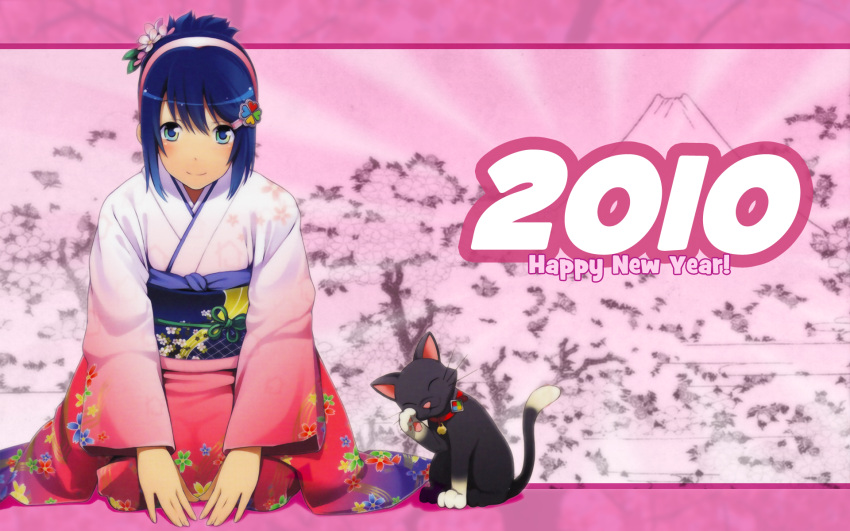 7, blue_eyes, blue_hair, cat, cherry_blossoms, english, hair_ornament, hairband, hairclip, highres, japanese_clothes, kimono, madobe_nanami, mount_fuji, mountain, new_year, new_years, official_art, os, os-tan, seiza, short_hair, sitting, smile, wakaba, wallpaper, windows